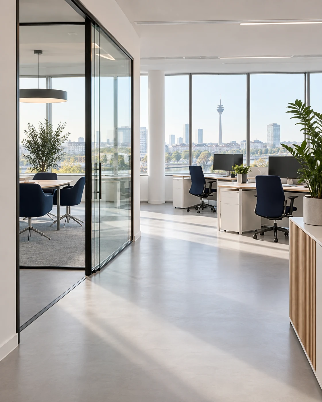 KI-generiertes Architekturmotiv: gepflegtes Büro mit Blick auf Düsseldorf